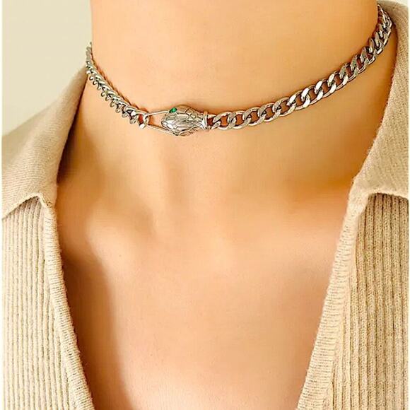 Silver Snake Choker Bracelet Matching Set, Chain Link, Serpent, Necklace - Picture 2 of 7